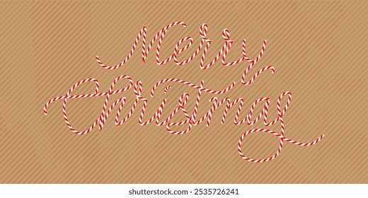 Merry Christmas candy cane text effect. Stripeds red white letters.  Xmas decoration. Vector illustration