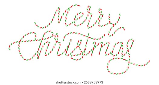 Merry Christmas candy cane text effect. Stripeds red green white letters.  Xmas decoration. Vector illustration