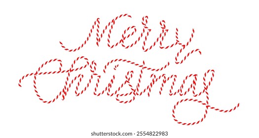 Merry Christmas candy cane text effect. Stripeds red white letters.  Xmas decoration. Vector illustration