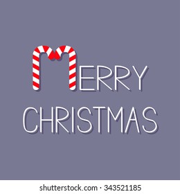 Merry Christmas Candy Cane text. Flat design. Violet background. Vector illustration