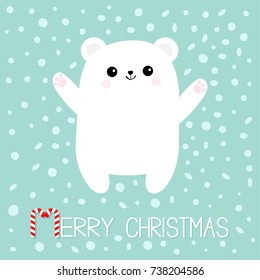 Merry Christmas Candy cane text. Polar white bear cub. Reaching for a hug. Cute cartoon baby character. Open hand ready for a hugging. Arctic animal. Flat design. Winter snow flake background. Vector