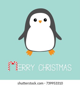 Merry Christmas Candy cane text. Kawaii Penguin bird icon. Cute cartoon baby character. Flat design Winter antarctica blue background. Greeting card. Vector illustration