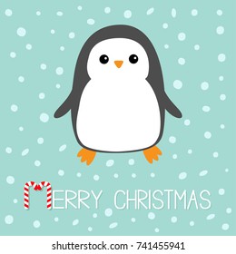 Merry Christmas Candy cane text. Kawaii Penguin bird. Cute cartoon baby character. Flat design Winter antarctica blue background with snow flake. Greeting card. Vector illustration