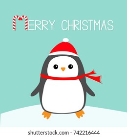 Merry Christmas Candy cane text. Kawaii Penguin bird on snowdrift. Red Santa Claus hat, scarf. Cute cartoon baby character. Flat design Winter blue background. Greeting card. Vector