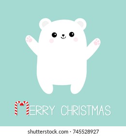 Merry Christmas Candy cane text. Polar white bear cub. Reaching for a hug. Cute cartoon baby character. Open hand ready for a hugging. Arctic animal. Flat design. Winter blue background. Vector