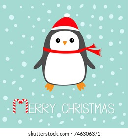 Merry Christmas Candy cane text. Kawaii Penguin bird. Red Santa Claus hat, scarf. Cute cartoon baby character. Flat design Winter antarctica blue background with snow flake. Greeting card. Vector