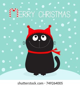 Merry Christmas candy cane text. Black Cat kitten head face looking up. Kitty sitting on snowdrift. Red hat, scarf. Cute funny cartoon character. Flat design. Blue winter background with snow. Vector