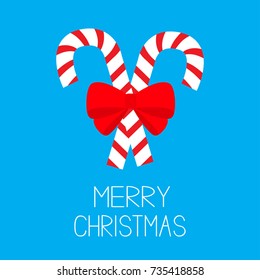 Merry Christmas. Candy Cane two peppermint stick set. Big red bow decoration. Greeting card. Flat design. Isolated. Blue background. Vector illustration