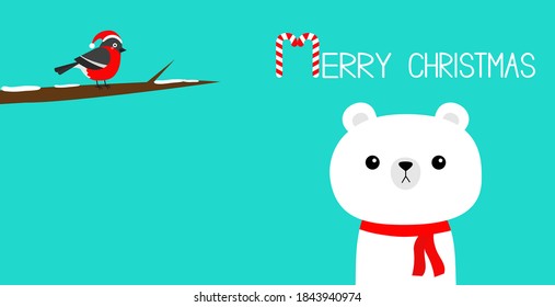 Feliz Navidad. Caña de caramelo. Oso polar blanco con bufanda roja. Pajarito macizo en el brunch del árbol. Hola invierno. Caricatura educada del personaje de un bebé kawaii. Año Nuevo. Animales del Ártico. Diseño plano. Vector de fondo azul