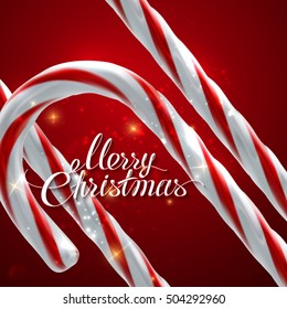 Merry Christmas. Christmas Candy Canes. Vector Holiday Illustration of Christmas Sweet Candies With Sparkles