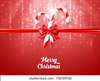 Merry Christmas candy with red realistic ribbon on red background. EPS Vector illustration.