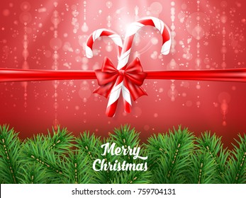 Merry Christmas candy with red realistic ribbon with green tree branches on red background. EPS Vector illustration.