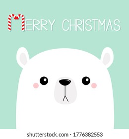 Merry Christmas. Candycane. Polar white bear cub sad face. Happy New Year. Cute cartoon baby character. Arctic animal. Hello winter. Flat design. Blue background. Greeting card print. Vector