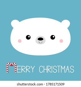 Merry Christmas. Candycane text. Polar white bear cub face. Happy New Year. Cute cartoon baby character. Arctic animal. Hello winter. Flat design. Greeting card print. Blue background. Vector