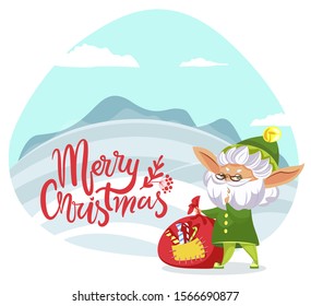 Merry christmas caption, designed poster. Unreal character hold sack with gifts for children. Xmas greeting postcard with elf standing outdoor, beautiful landscape. Vector illustration in flat style
