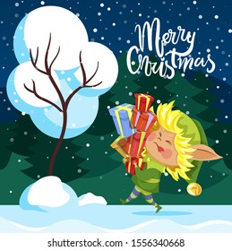 Merry christmas caption, greeting poster. Elf in costume and hat hold lot of boxes with gifts for children. Character go alone through forest. Landscape, view with fir trees. Vector illustration