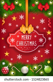 Merry christmas caption on red label. Xmas celebration, traditional holiday illustration. Winter decoration for event of fir branches and ribbons, balls and candy canes, festive garland and snowflakes