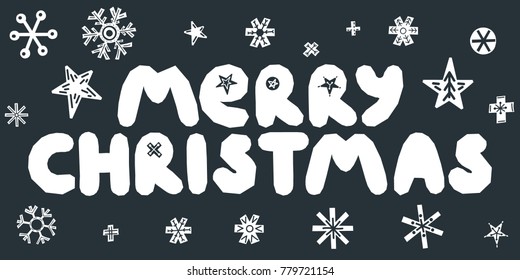 Merry Christmas caption with stars and snowflakes. Hand drawn lettering on black background. For design greeting card, postcard, invitation and banner. Xmas design. Vector illustration.
