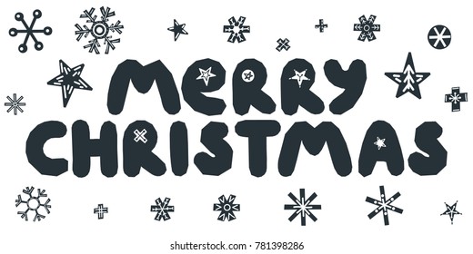 Merry Christmas caption with stars and snowflakes. Hand drawn lettering on white background. For design greeting card, postcard, invitation and banner. Xmas design. Vector illustration.