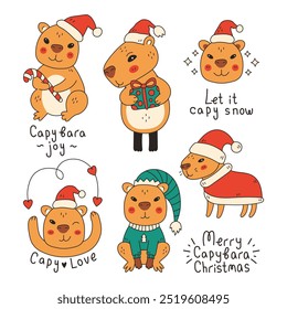 Merry Christmas Capybara Cartoon Set. Hand drawn Xmas sticker pack with charming rodent. Cute adorable mascot for holiday design. Vector illustration.