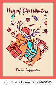 Merry Christmas from Capybara - Retro style poster with cute illustration