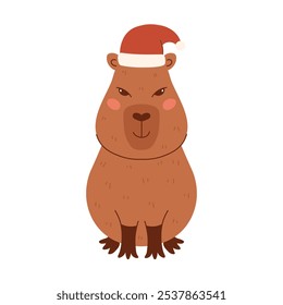 Merry Christmas Capybara in a Santa Claus hat. New Year winter animal character. Flat hand drawn vector illustration isolated on transparent background for print, scrapbooking, social media.