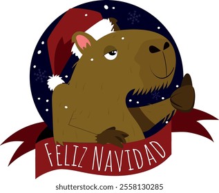 Merry Christmas Capybara wearing a Santa Hat with a thumb up. snow flakes falling. Feliz Navidad written on the ribbon - Spanish language - file prepared for video production - separated layers