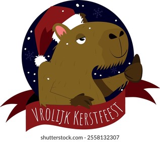 Merry Christmas Capybara wearing a Santa Hat with a thumb up. snow flakes falling. Vrolijk Kerstfeest written on the ribbon in Dutch language - file prepared for video production - separated layers