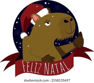 Merry Christmas Capybara wearing a Santa Hat with a thumb up. snow flakes falling. Feliz Natal written on the ribbon in Portuguese language - file prepared for video production - separated layers