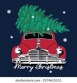 Merry Christmas car, Red vintage car carrying Christmas tree in trunk on roof, Christmas tree on old-timer car in snow, Red retro car, Classic Merry Christmas design