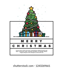 Merry Christmas Car Text Template with Tree Vector Illustration in Flat Style Design