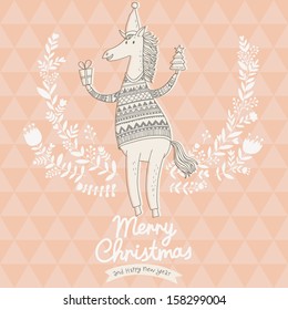 Merry Christmas card with 2014 symbol Ã¢Â?Â? cute funny horse in sweater