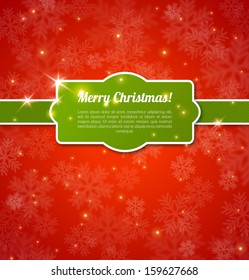 Merry Christmas Card 2014. Vector illustration. Snowfall on red backdrop with green stripped frame and ribbon.