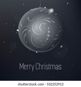 Merry Christmas card. 2017 New Year shining banner with seasonal greetings. 
Realistic silver Christmas toy on a black background. Classical Holiday design with vector stars, flashes, floral elements.