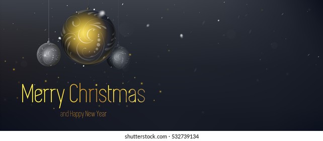 Merry Christmas card. 2017 New Year shining banner with seasonal greetings. 
Realistic golden Christmas toy on a black background. Classical Holiday design with vector stars, flashes, floral elements.