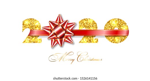 Merry Christmas card. 3D gift bow, ribbon, gold number 2020 isolated white background. Golden texture glitter design. Holiday New Year celebration, decoration, greeting banner Vector illustration