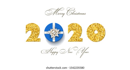 Merry Christmas card. 3D gift box, ribbon bow, gold number 2020 isolated white background. Golden holiday glitter design. Happy New Year celebration, decoration, greeting banner Vector illustration