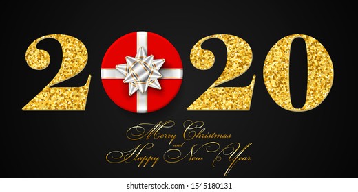 Merry Christmas card. 3D gift box, ribbon bow, gold number 2020 isolated black background. Golden texture holiday design. Happy New Year celebration, decoration, greeting banner Vector illustration