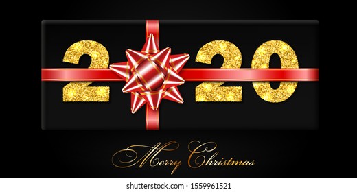 Merry Christmas card. 3D gift box, ribbon bow, gold number 2020 isolated black background. Golden texture glitter design. Holiday New Year celebration, decoration, greeting banner Vector illustration