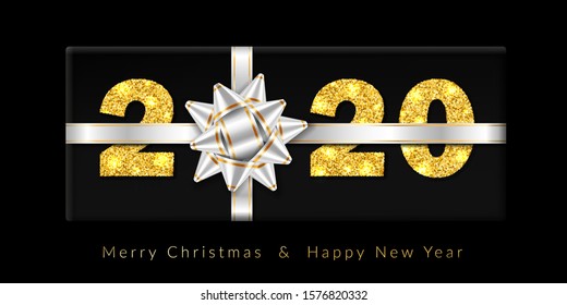 Merry Christmas card. 3D gift box, white ribbon bow, gold number 2020 isolated black background. Golden texture design. Holiday New Year celebration, decoration, greeting banner Vector illustration