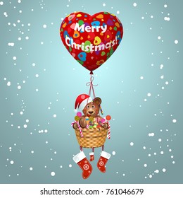 Merry Christmas card with 3d heart shaped balloons with hearts Flying for Party.Merry Christmas teddy bear with sweets in gift box,basket.Christmas Socks with Presents.Xmas boots.Boxing day.Vector
