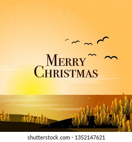 Merry Christmas Card Abstract in Fantasy golden sea sunset landscape background and modern typography . Premium isometric Christmas card in flat design Sunrise and sunset with twilight sea landscape.