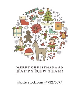 Merry Christmas card.  All objects are conveniently grouped  and are easily editable.