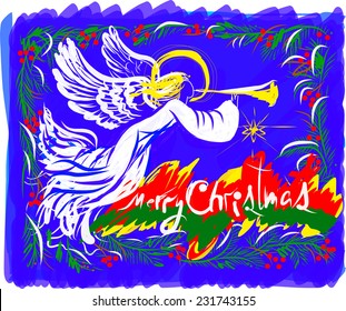 Merry Christmas card with angel vector illustration