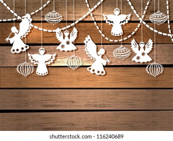 Merry Christmas  card with Angels and decorations in paper cut style, vector