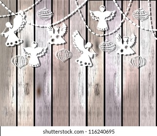 Merry Christmas  card with Angels and decorations in paper cut style, vector