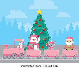 merry christmas card with animals cartoon christmas celebratin in the train. vector illustration