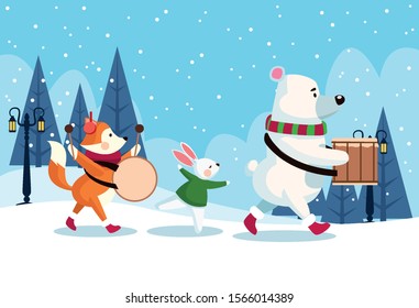 merry christmas card with animals playing instruments vector illustration design