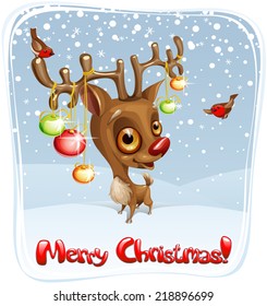 Merry Christmas card with baby reindeer