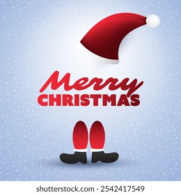 Merry Christmas Card With Back of a Funny Santa Claus from Behind, Santa's Boots, Red Hat on a Grey Background